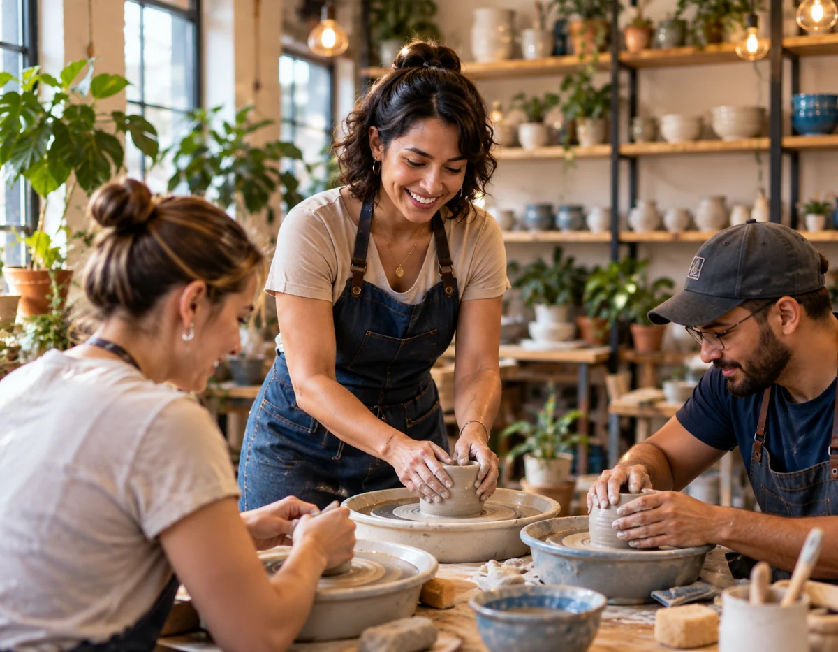 Neighbors learning pottery together in a local workshop.